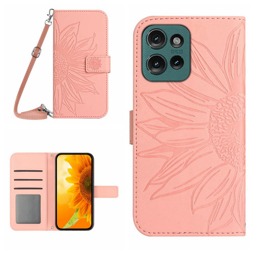 Moto G Power 2025 HT04 Skin Feel Sun Flower Embossed Flip Leather Phone Case with Lanyard - Pink