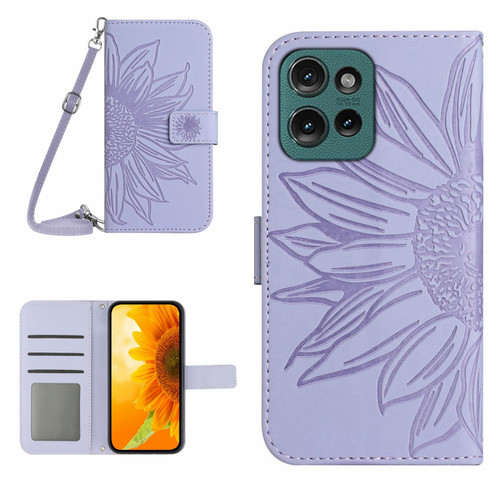 Moto G Power 2025 HT04 Skin Feel Sun Flower Embossed Flip Leather Phone Case with Lanyard - Purple