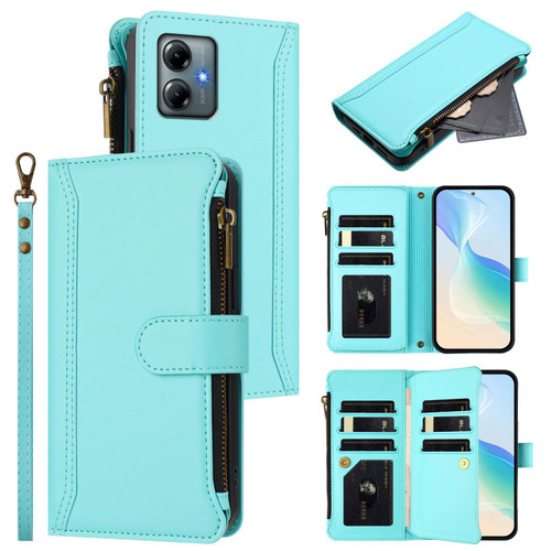 Moto G Power 2025 Magnetic Closure 9 Card Slots Zipper Leather Case with Hand Strap - Mint Green