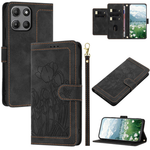 Moto G Power 2025 Tulips Embossed Leather Phone Case with Lanyard - Black