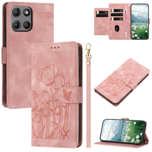 Moto G Power 2025 Tulips Embossed Leather Phone Case with Lanyard - Pink