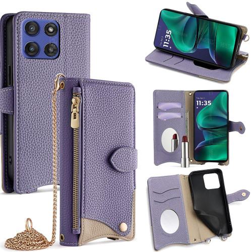 Moto G Stylus 2025 Crossbody Chain Fishtail Litchi Leather Phone Case - Purple