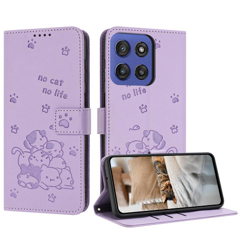 Moto G 2025 Embossed Kitten Phone Leather Case with Lanyard - Purple