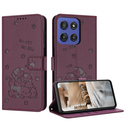 Moto G Stylus 2025 Embossed Kitten Phone Leather Case with Lanyard - Wine Red