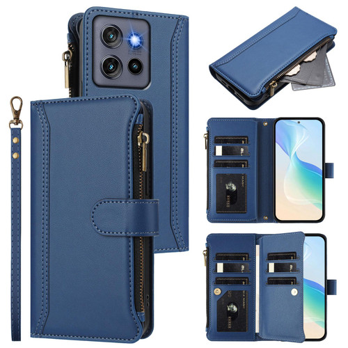 Moto G Stylus 2025 Global Magnetic Closure 9 Card Slots Zipper Leather Case with Hand Strap - Dark Blue