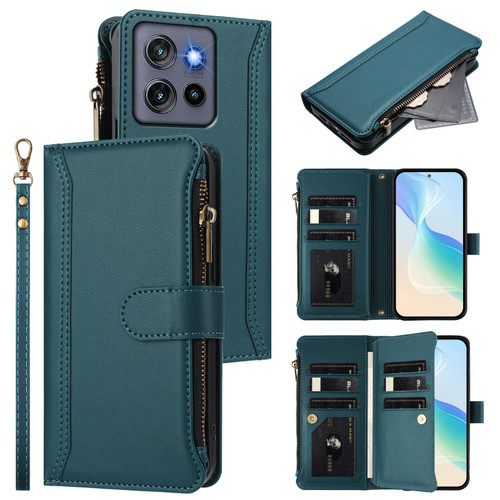 Moto G Stylus 2025 Global Magnetic Closure 9 Card Slots Zipper Leather Case with Hand Strap - Dark Green