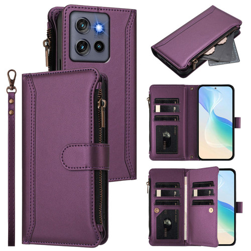 Moto G Stylus 2025 Global Magnetic Closure 9 Card Slots Zipper Leather Case with Hand Strap - Purple