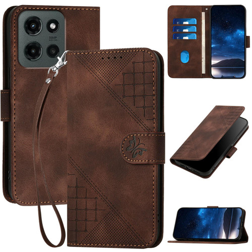 Moto G Stylus 2025 Grid Butterfly Embossed Pattern Leather Phone Case with Lanyard - Coffee