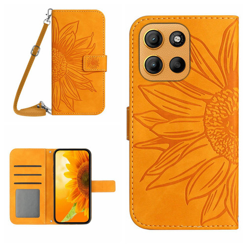 Moto G Stylus 2025 HT04 Skin Feel Sun Flower Embossed Flip Leather Phone Case with Lanyard - Yellow