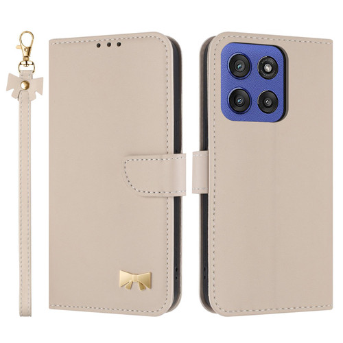 Moto G Stylus 2025 Metal Bow Leather Phone Case with Hand Strap - Apricot