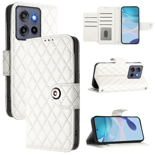 Moto G Stylus 2025 Rhombic Texture Flip Leather Phone Case with Lanyard - White