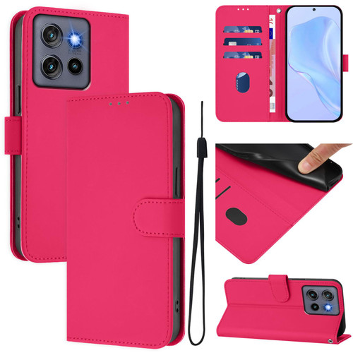 Moto G Stylus 2025 Skin Feel Solid Color Leather Phone Case with Lanyard - Rose Red