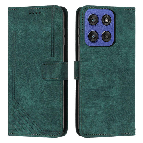 Moto G Stylus 2025 Skin Feel Stripe Pattern Leather Phone Case with Long Lanyard - Green