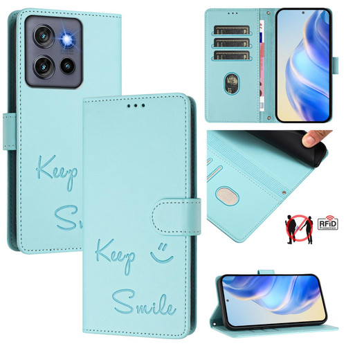 Moto G Stylus 2025 Smile Embossing RFID Leather Phone Case - Mint Green