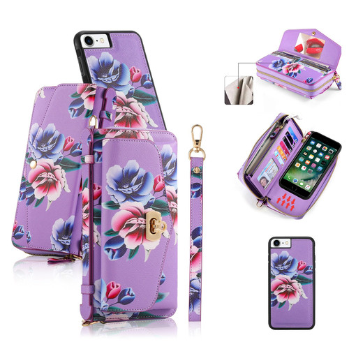 iPhone 7 / 8 / SE 2020 / SE 2022 POLA Flower Multi-functional Crossbody Zipper Wallet Leather Phone Case - Purple
