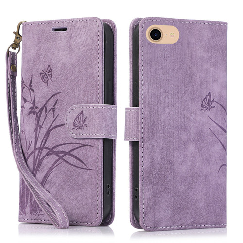iPhone 7 / 8 / SE 2020 / SE 2022 Orchid Butterfly Embossed Leather Phone Case - Purple