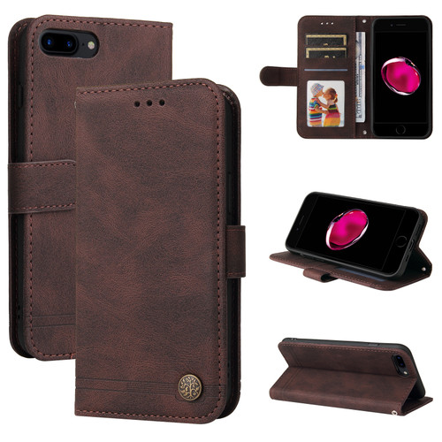 iPhone 7 / 8 / SE 2020 / SE 2022 Skin Feel Life Tree Metal Button Horizontal Flip Leather Case with Holder & Card Slot & Wallet & Photo Frame & Strap - Brown