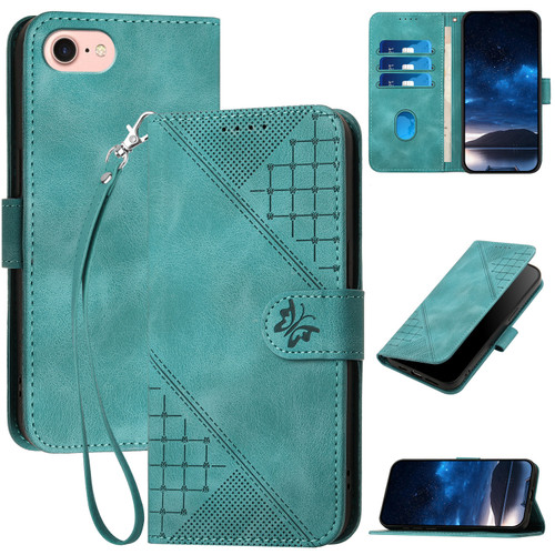 iPhone 7 / 8 / SE 2020 / SE 2022 YX0080 Grid Butterfly Embossed Pattern Flip Leather Phone Case with Lanyard - Light Blue