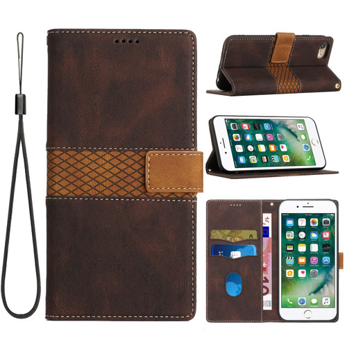 iPhone 7 / 8 / SE 2020 / SE 2022 Grid Stitching Leather Phone Case with Lanyard - Brown