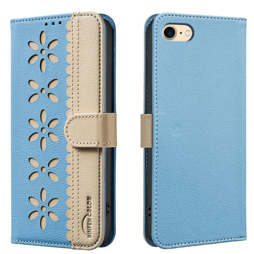 iPhone 7 / 8 / SE 2020 / SE 2022 Splicing Color Hollow Flower Pattern RFID Leather Phone Case - Baby Blue