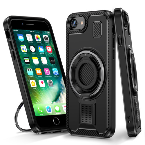 iPhone 7 / 8 / SE 2020 / SE 2022 Ring Holder Carbon Fiber PC Hybrid TPU Phone Case - Black