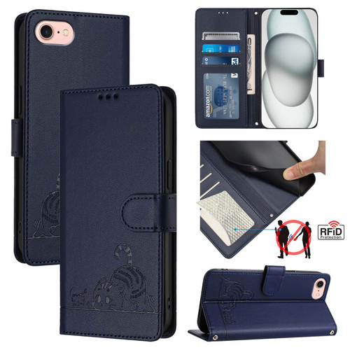 iPhone 7 / 8 / SE 2020 / SE 2022 Cat Rat Embossed Pattern RFID PU Phone Case with Wrist Strap - Blue