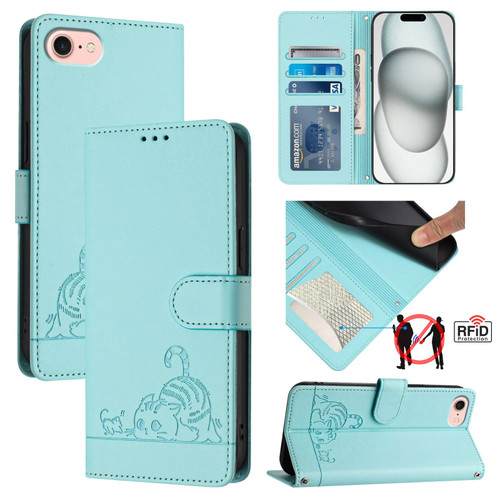 iPhone 7 / 8 / SE 2020 / SE 2022 Cat Rat Embossed Pattern RFID PU Phone Case with Wrist Strap - Mint Green iPhone 7 / 8 / SE 2020 / SE 2022 Cat Rat Embossed Pattern RFID PU Phone Case with Wrist Strap - Mint Green