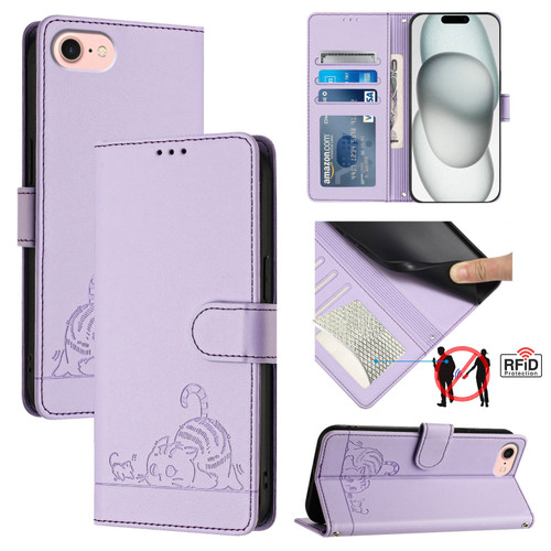 iPhone 7 / 8 / SE 2020 / SE 2022 Cat Rat Embossed Pattern RFID PU Phone Case with Wrist Strap - Purple