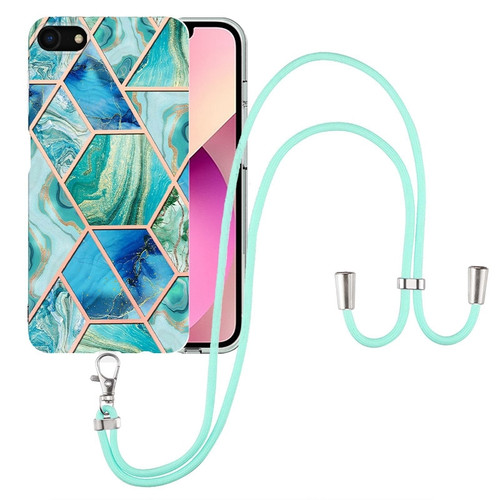 iPhone 7 / 8 / SE 2020 / SE 2022 Electroplating Splicing Marble TPU Phone Case with Lanyard - Green