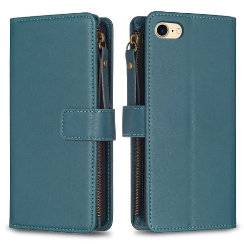 iPhone 7 / 8 / SE 2020 / SE 2022 9 Card Slots Zipper Wallet Leather Flip Phone Case - Green