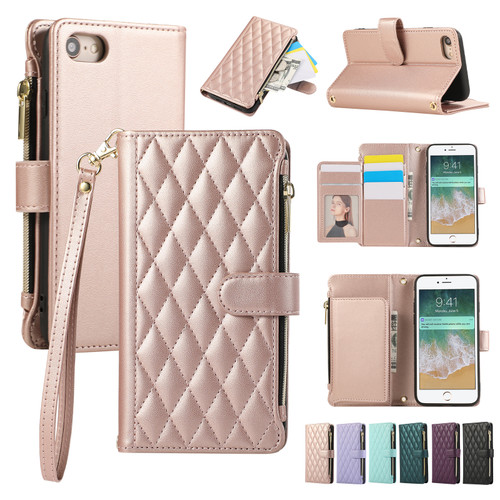 iPhone 7 / 8 / SE 2020 / SE 2022 Rhombic Zipper Wallet Leather Phone Case - Rose Gold