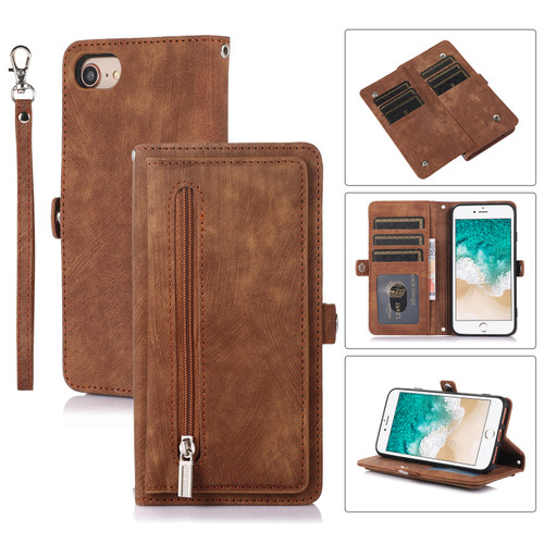 iPhone 7 / 8 / SE 2020 / SE 2022 Zipper Card Slot Buckle Wallet Leather Phone Case - Brown
