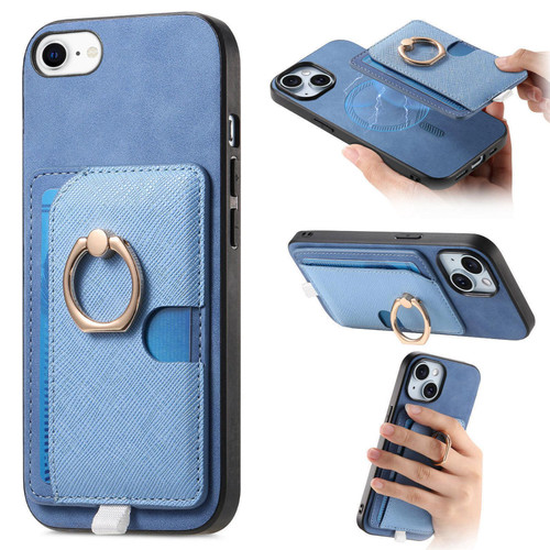 iPhone 7 / 8 / SE 2020 / SE 2022 Retro Cross Leather Ring Side Insert Card Bag MagSafe Phone Case - Blue