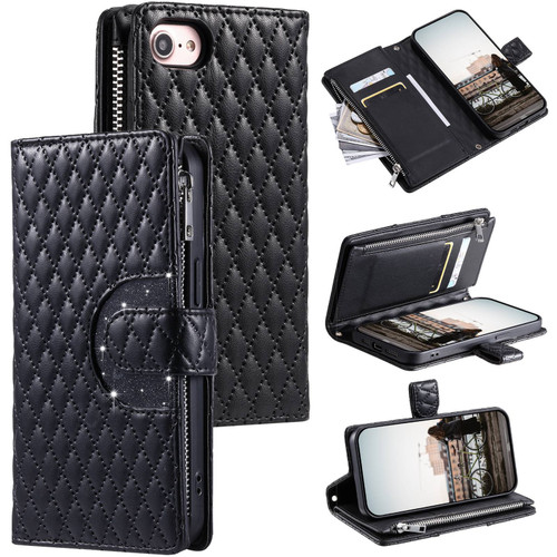 iPhone 7 / 8 / SE 2020 / SE 2022 Glitter Lattice Zipper Wallet Leather Phone Case - Black
