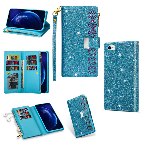 iPhone 7 / 8 / SE 2020 / SE 2022 Multi-card Slots Starry Sky Laser Carving Glitter Zipper Horizontal Flip Leather Case with Holder & Wallet & Lanyard - Sky Blue