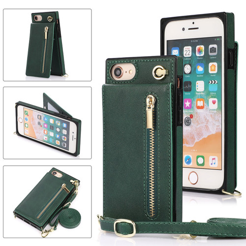 iPhone 7 / 8 / SE 2020 / SE 2022 Cross-body Zipper Square TPU+PU Back Cover Case with Holder & Card Slots & Wallet & Strap - Green