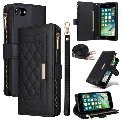 iPhone 7 / 8 / SE 2020 / SE 2022 Crossbody Zipper Wallet Rhombus Leather Phone Case - Black