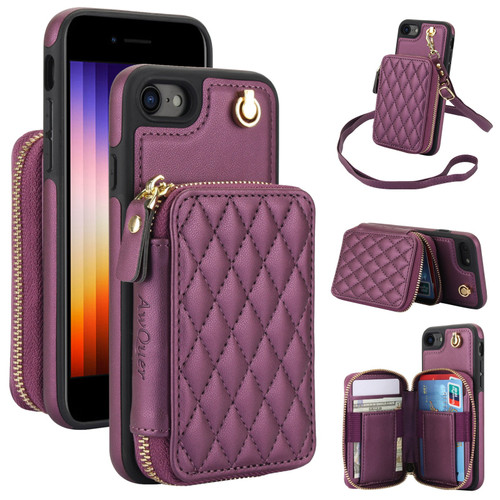 iPhone 7 / 8 / SE 2020 / SE 2022 AwQuer Crossbody Zipper Wallet Rhombic Leather Back Phone Case - Dark Purple
