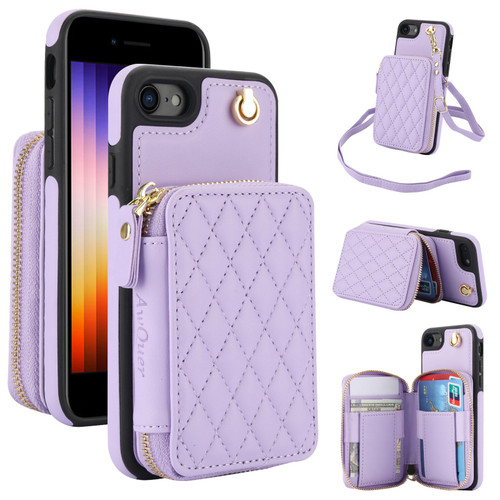 iPhone 7 / 8 / SE 2020 / SE 2022 AwQuer Crossbody Zipper Wallet Rhombic Leather Back Phone Case - Purple