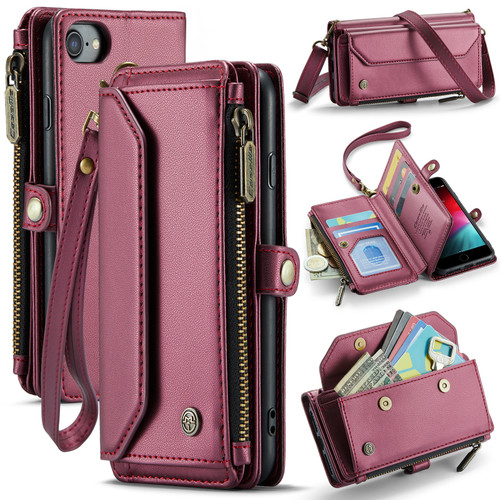 iPhone 7 / 8 / SE 2020 / SE 2022 CaseMe C36 Card Slots Zipper Wallet RFID Anti-theft Leather Phone Case - Wine Red