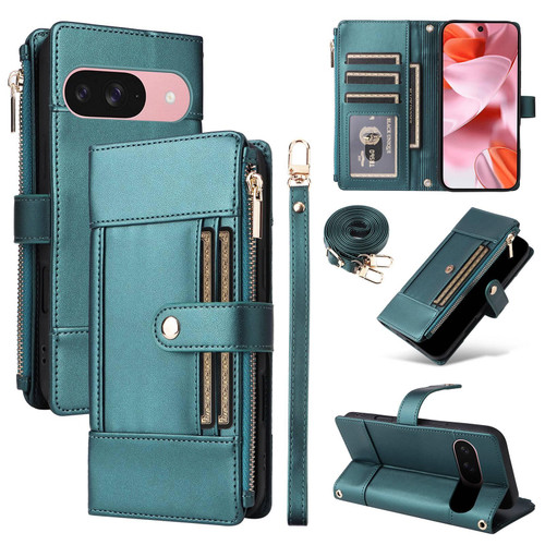 Google Pixel 10 / 10 Pro Crossbody Strap RFID Blocking Zipper Wallet Leather Phone Case - Green