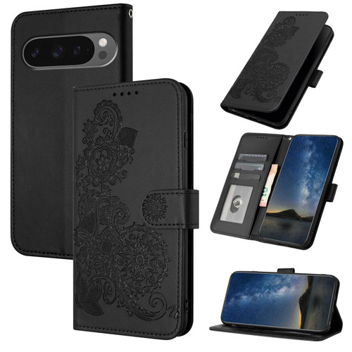 Google Pixel 10 / 10 Pro Datura Flower Embossed Flip Leather Phone Case - Black