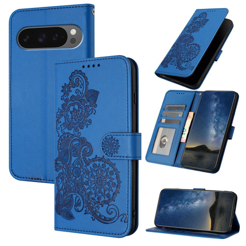Google Pixel 10 / 10 Pro Datura Flower Embossed Flip Leather Phone Case - Blue