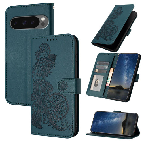Google Pixel 10 / 10 Pro Datura Flower Embossed Flip Leather Phone Case - Dark Green