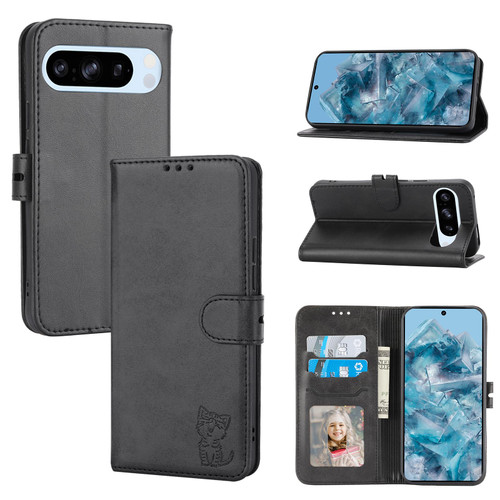 Google Pixel 10 / 10 Pro Embossed Happy Cat Pattern Flip Leather Phone Case - Black