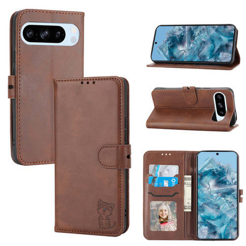 Google Pixel 10 / 10 Pro Embossed Happy Cat Pattern Flip Leather Phone Case - Brown