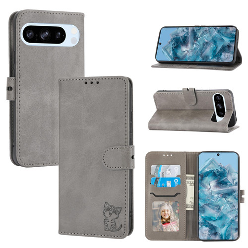 Google Pixel 10 / 10 Pro Embossed Happy Cat Pattern Flip Leather Phone Case - Grey