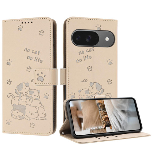 Google Pixel 10 / 10 Pro Embossed Kitten Phone Leather Case with Lanyard - Beige
