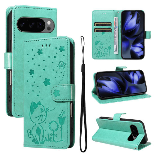 Google Pixel 10 / 10 Pro Global Cat and Bee Embossed Flip Leather Phone Case - Green