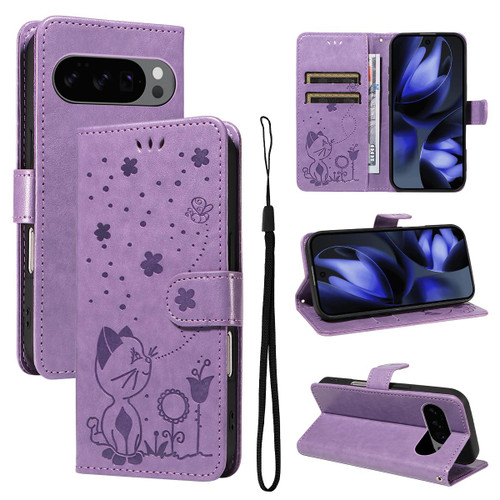 Google Pixel 10 / 10 Pro Global Cat and Bee Embossed Flip Leather Phone Case - Purple
